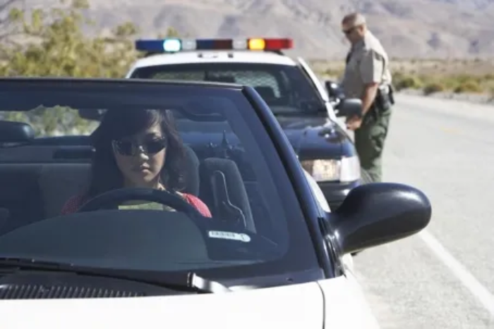 Gemini said A woman wearing sunglasses sits in a white convertible while a police officer stands by his patrol car with flashing lights during a roadside stop on a desert highway.