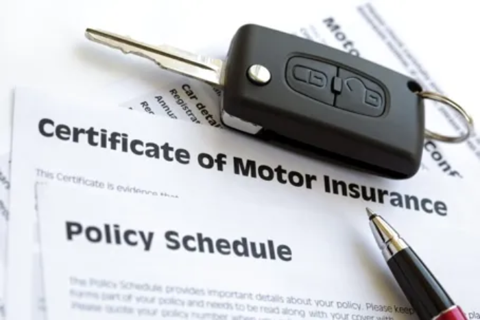 Gemini said An overhead shot of car insurance documents, including a Certificate of Motor Insurance and a Policy Schedule, paired with a black car key fob and a silver pen.