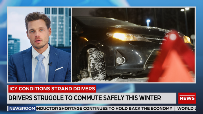 Split Screen TV News Live Report: Anchor Talks. Reportage Montage Covering: Car Crash, Road Traffic Accident, Stormy Winter Weather Condition. Television Program Channel Concept