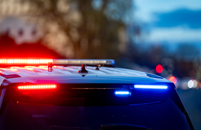 Police patrol blocks traffic. Emergency lights create alertness. Security vehicles protect government district. Law enforcement responds quickly