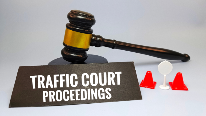Traffic court proceedings with judge gavel, legal process for road violations, driving offense hearing, law enforcement, justice system and penalty decision.