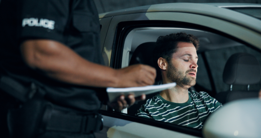 Man, police and writing of ticket fine, registration and speeding for traffic warning. Person, law enforcement and licence for drunk driving, penalty receipt and transport risk for violation at night