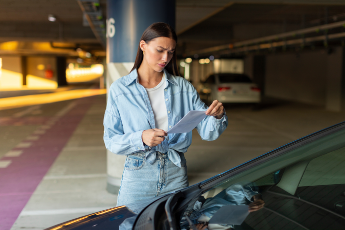 Sad shocked woman driver looking at parking ticket or fine, standing near her car at underground parking area. Violation of traffic rules