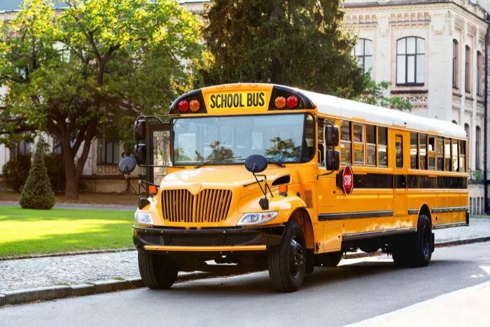 Classic yellow school bus with red stop sign standing on the road