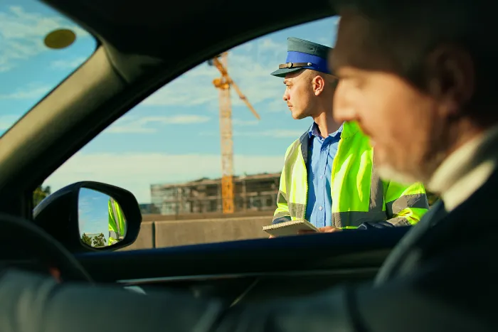 Disappointed, mature person and ticket for reckless driving, justice and officer with citation pad