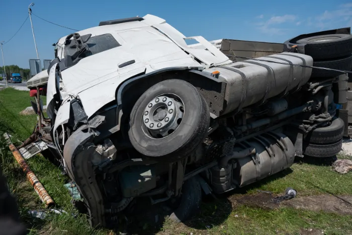 The truck is lying on its side in a car accident on the highway