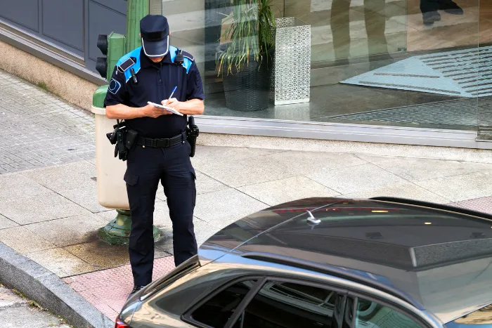 policeman writing fine ticket for car bad parking